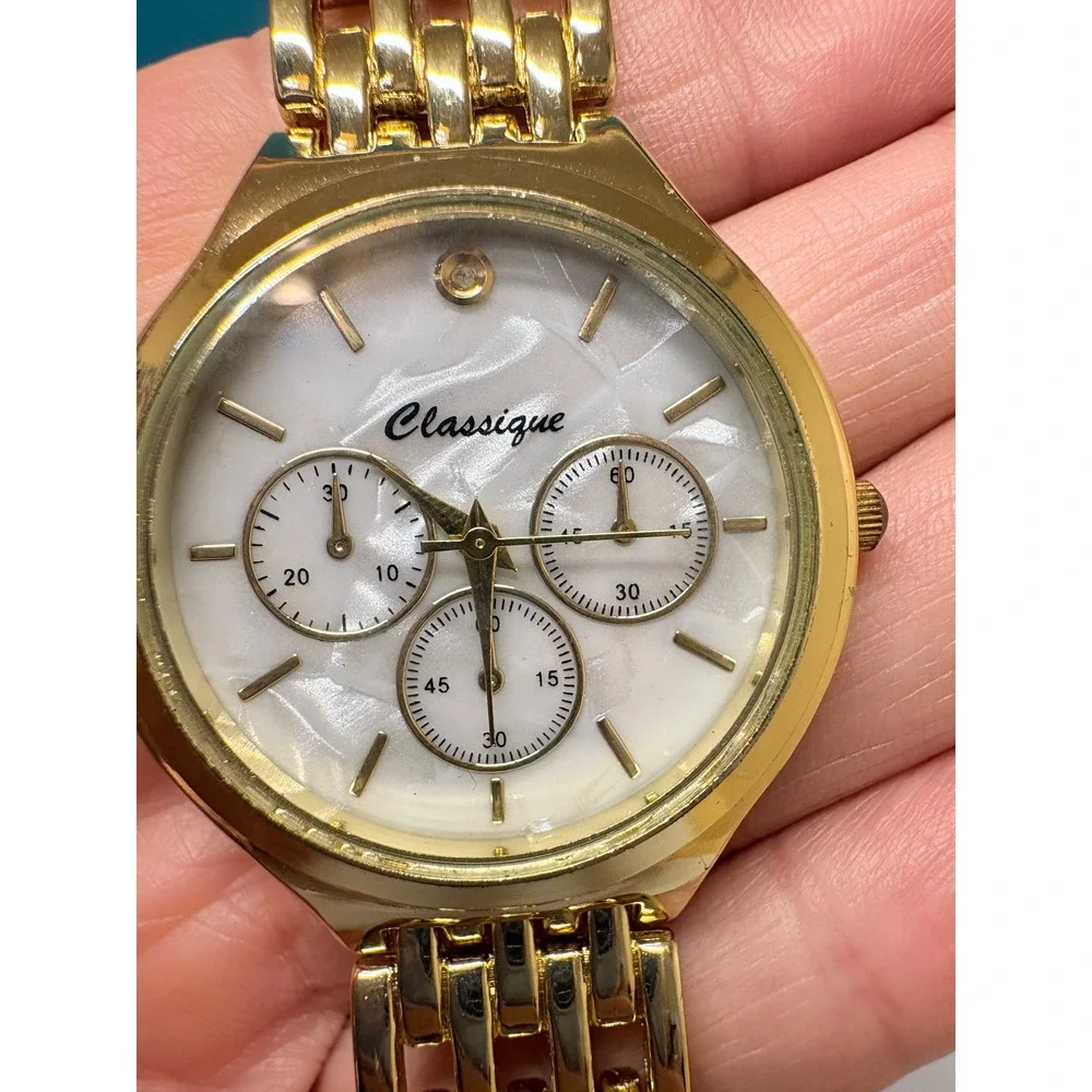 Classique Gold Tone Chronograph Style Watch Mother of Pearl Face Stainless Steel